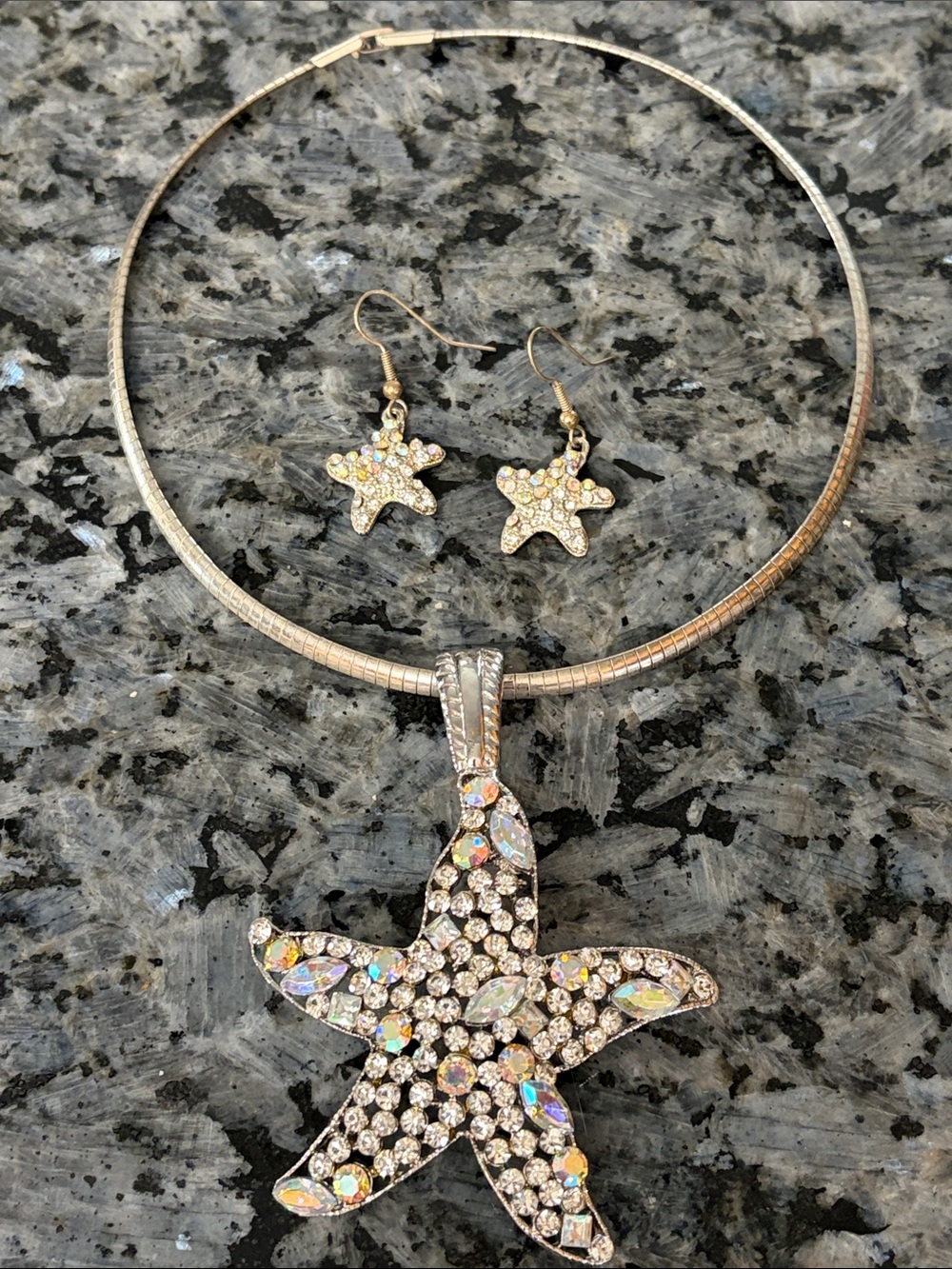 Crystal Starfish Iridescent Silvertone Necklace & Earrings Coastal Glam - Picture 2 of 6
